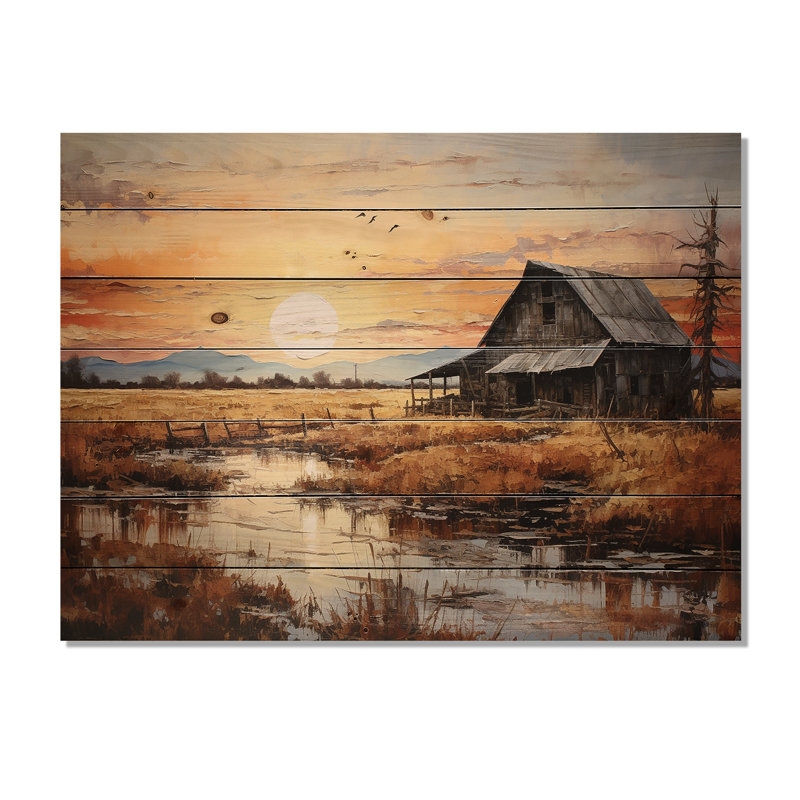 Paysage de grange au crépuscule I sur bois, H 10 po x l 20 po x P 0,78 po