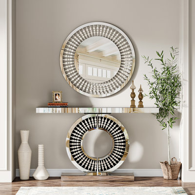 43-Inch Mirrored Console Table With Round Jeweled Decorative Wall Mirror Set Of 2
