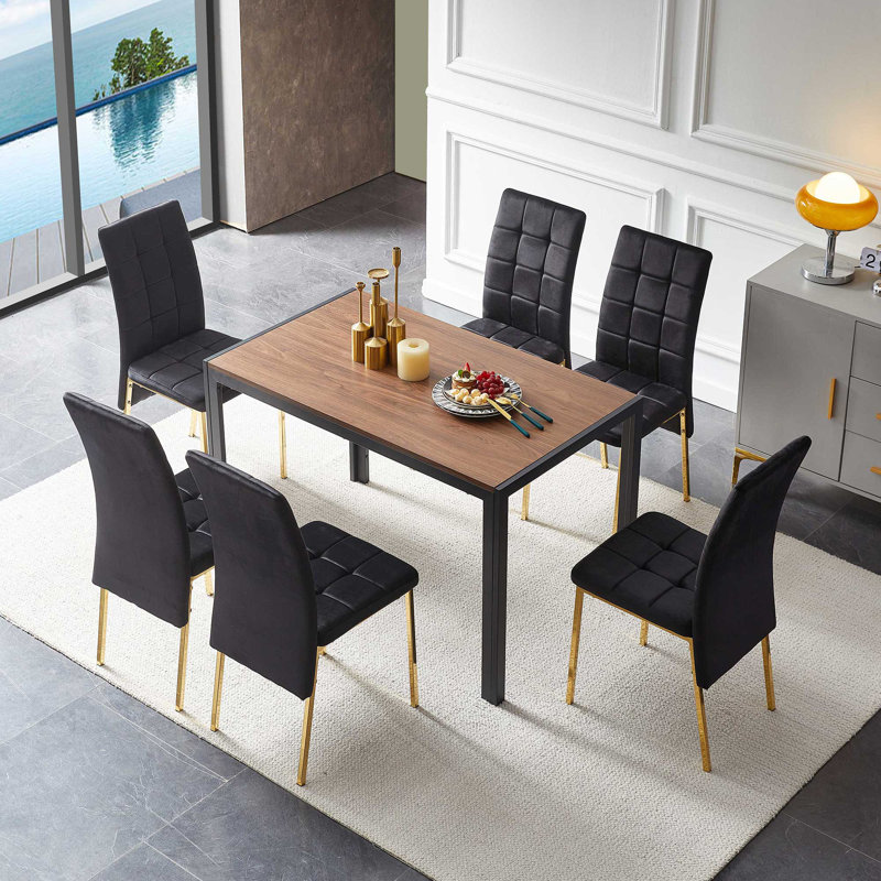 Velvet Dining Chairs Set of 6, Golden Leg, Black
