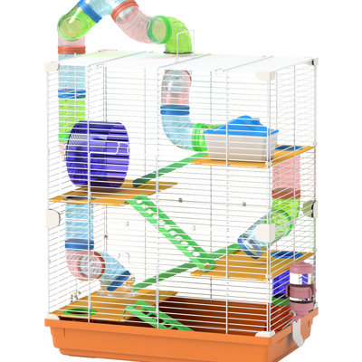 18" 5 Tier Hamster Habitat With Tubes, Tunnels, Portable Handle, Orange, Equipped Food Dish, Water Bottle, Exercise Wheel For Small Hamsters Cage Carry Mingled And