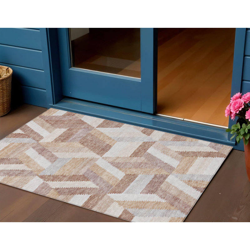 3' X 5' Copper Geometric Washable Indoor Outdoor Area Rug