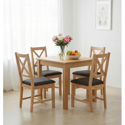 Hereford Small Dinning Table With Cross Back Oak Chairs, Charcoal Grey Fabric Seat