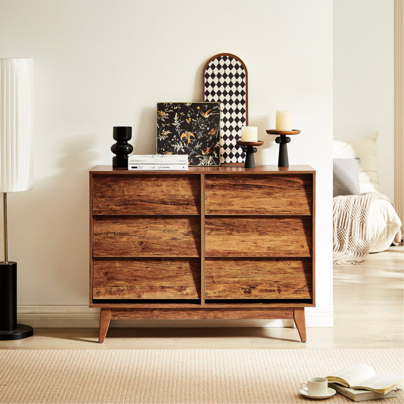 Brun, commode double 6 tiroirs, style rétro, design biseauté, commode