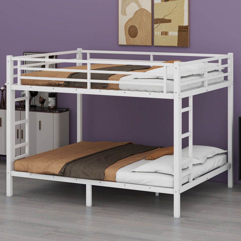 Metal Bunk Bed For Teens And Adults,Space-Saving, Queen over Queen, White
