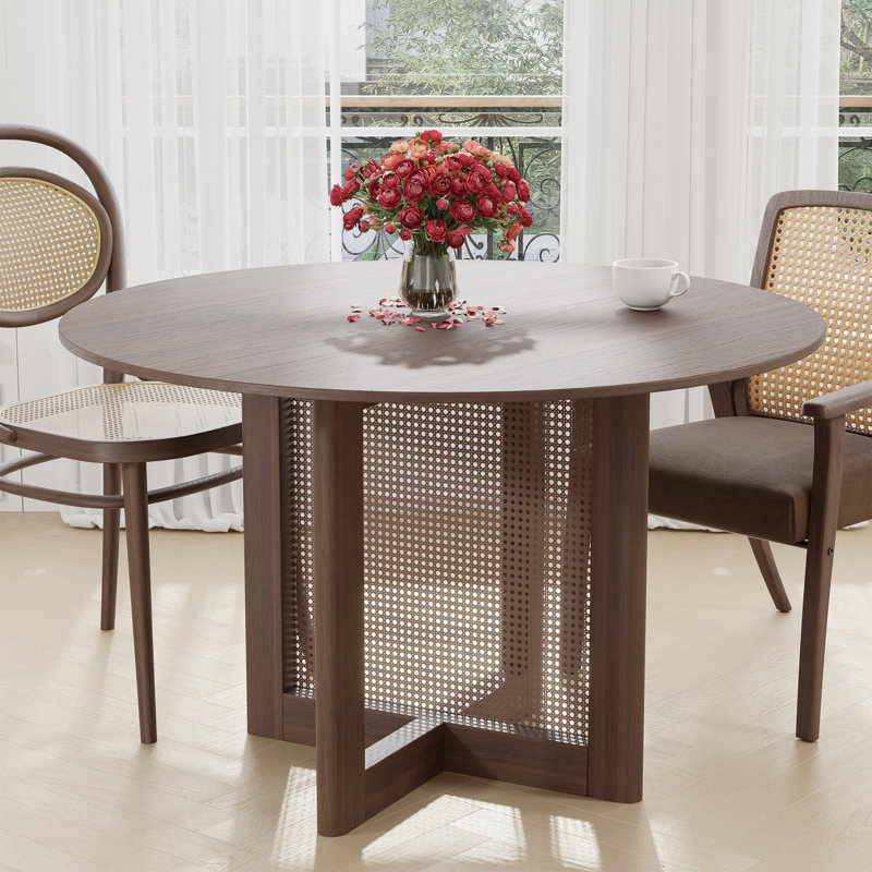 Table de salle à manger ronde en bois massif avec piédestal en rotin, H 30 po x L 46 po x l 46 po, Noyer