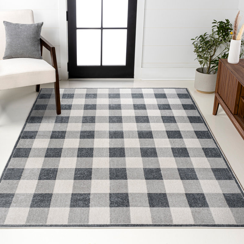Tapis gris clair / gris foncé / crème délavé à la machine Romae Gingham, Rectangle 4pi x 6 pi