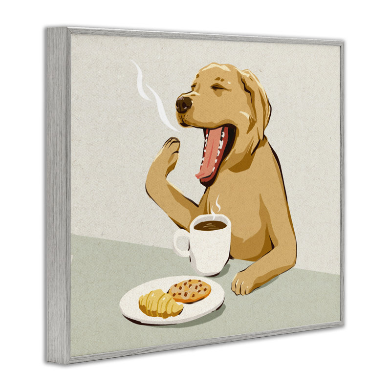 «Yawning Dog with Morning Coffee», estampe numérique, conception de Ziwei Li, 11 x 14, Farmhouse Grey Giclee Framed