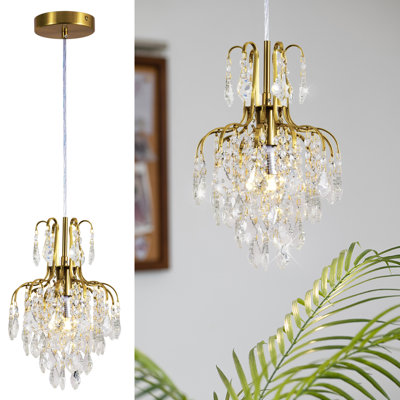 Mini-lustre en cristal, luminaire suspendu moderne en cristal 1 lumière en forme de goutte d'eau de 9,5 po, petit lustre en cristal à hauteur réglable avec finition couleur cuivre naturel pour îlot de cuisine