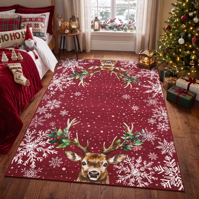 Tapis de Noël à motifs de rennes et de flocons de neige, antidérapant, antitache, lavable à la machine, pliable, idéal pour la décoration intérieure des fêtes de fin d'année.