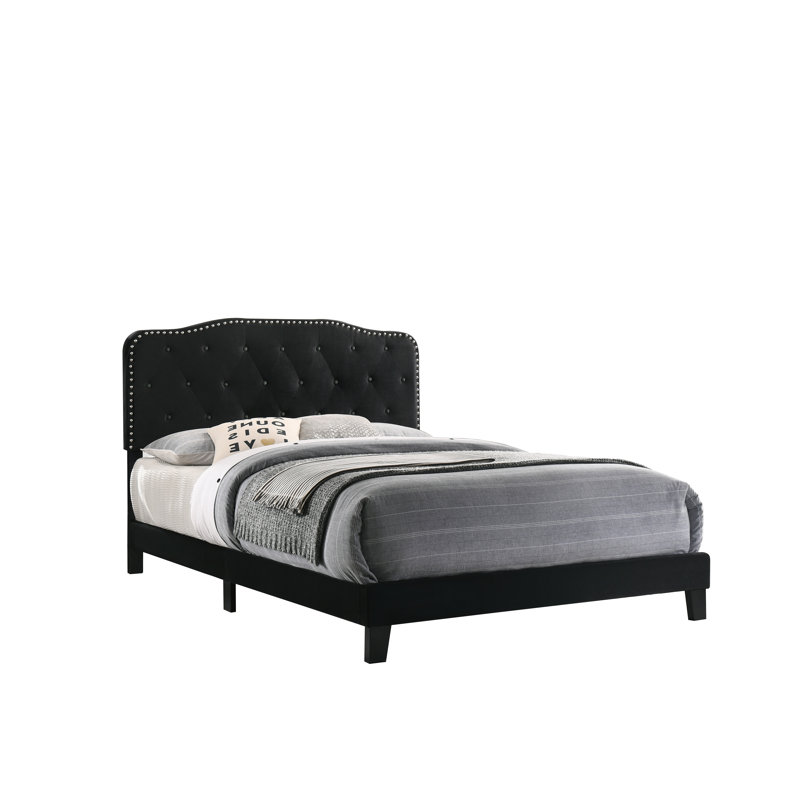Lit tapissier capitonné standard à profil bas Anzhelika, Plein, Velours noir