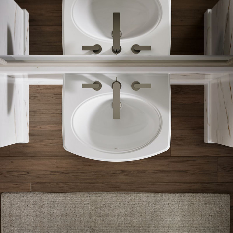 Pinoir® Vitreous China U-Shaped Semi-Pedestal Bathroom Sink with Overflow, White, 8" Centers