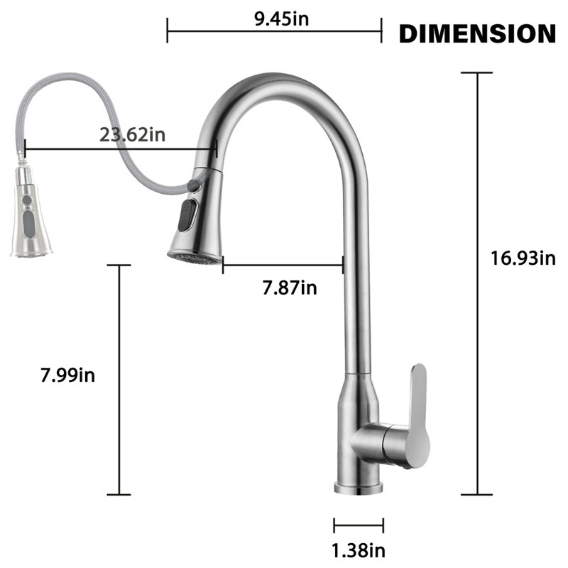 Robinets de cuisine à poignée simple High Stainles avec douchette extractible