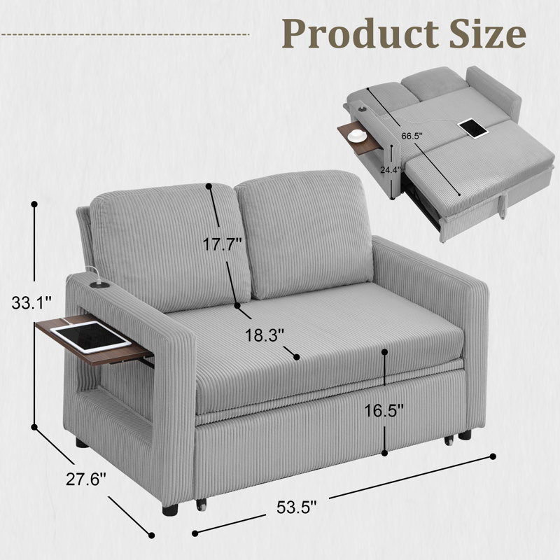 Upholstered Convertible Sleeper Sofa featuring USB Ports and Side Pocket, Light Gray Corduroy