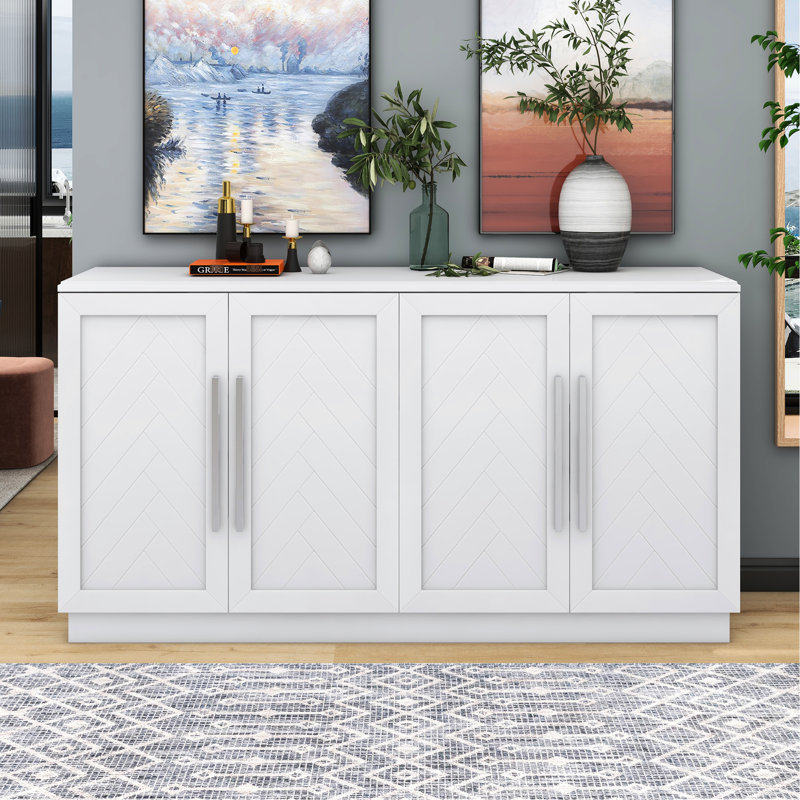 Buffet blanc à 4 portes, tablettes réglables pour rangement polyvalent avec 4 portes et tablettes, armoire de rangement spacieuse dans les espaces de vie