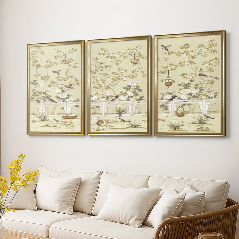 Adriana Classic Chinoiserie I - Toile tendue avec châssis sur mesure - 3 pièces, H 21 po x l 30 po, Doré