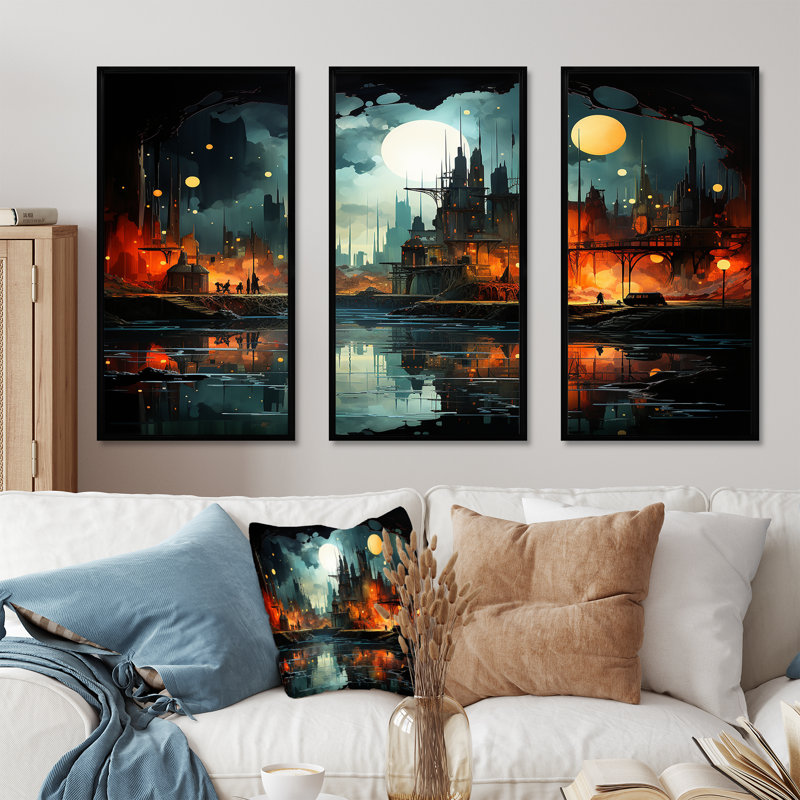 Onyx Outline Industrial Horizon - ensemble d'art mural usines, H 28 po x l 36 po x P 1 po, Cadre flottant noir