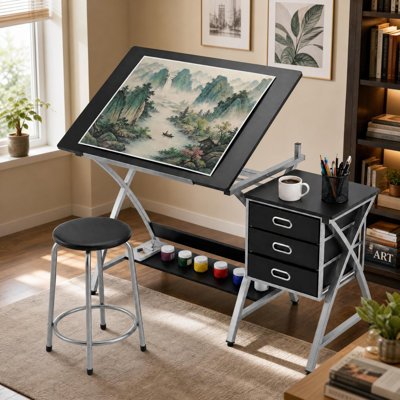 35.4" Adjustable Tabletop Drafting Table with Cabinet and 3 Drawers, Drawing Table Work Station with Stool