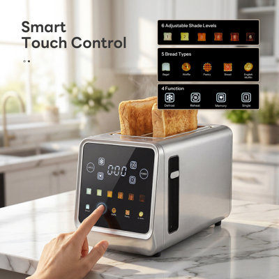 4 Slice Smart Touchscreen Toaster with LED Countdown Timer, Stainless Steel Bread Toaster with 1.57" Extra Wide Slots, 6 Shade Levels & 6 Bread Types (Bagel/Grain/Waffle), Defrost/Reheat/Single/Favorite Memory Modes