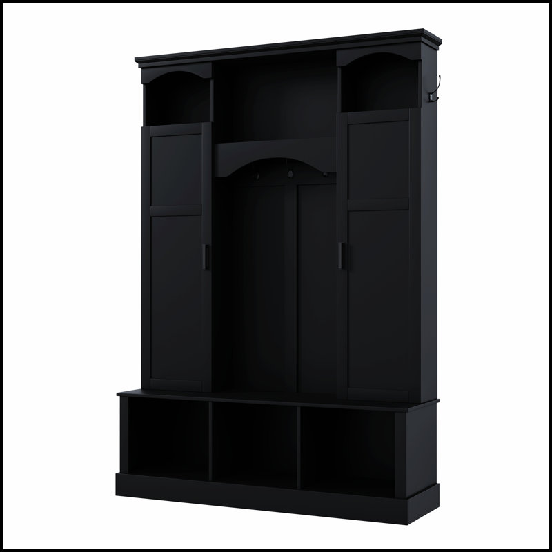 Portemanteau moderne tout-en-un avec tablettes réglables, banc de rangement de style campagnard arqué classique avec armoires latérales doubles, organisateur de hall d'entrée élégant avec 7 crochets pour vestibule, couloir