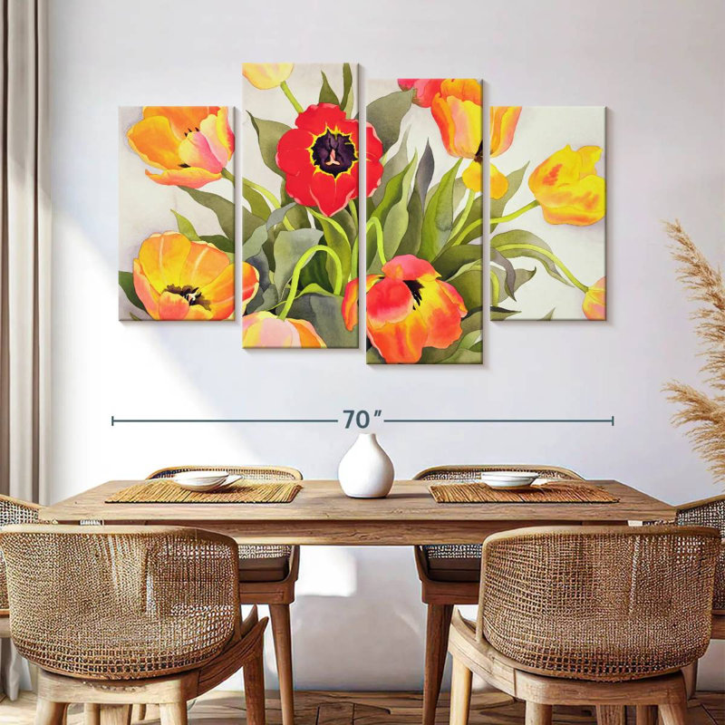 Harnek orange et tulipes rouges, H 42 po x l 68 po
