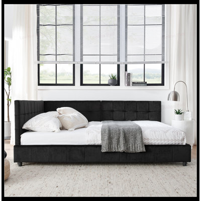 Upholstered Tufted Bed Frame with Comfortable Backrest and Armrests, Velvet Sofa Bed for Bedroom and Living Room by Mercer41