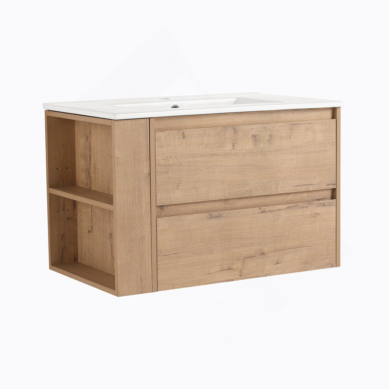 Meuble-lavabo mural 30 po avec lavabo en céramique à 2 tiroirs à fermeture en douceur, Imitation chêne, 30"