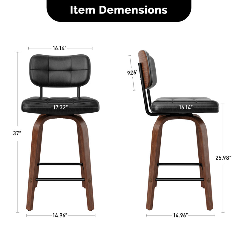 Tabourets de bar pivotants de 26 po à hauteur de comptoir, tabourets de bar en cuir courbé et dossier en bois cintré pour la cuisine (ensemble de 2)