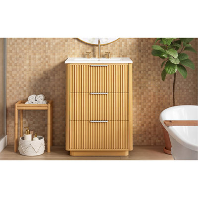 24 inch Modern Luxury Bathroom Vanity with Ceramic Sink, Bathroom Cabinet with Open Shelf and Closed Storage