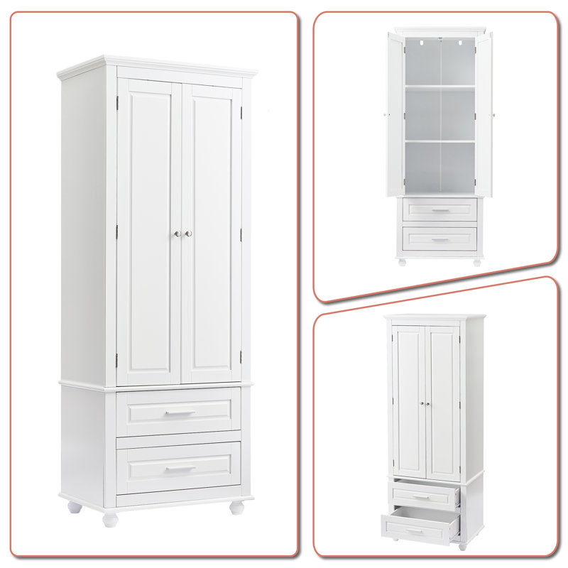 Freestanding Bathroom Linen Cabinet With Drawers, Adjustable Shelf, Metal Handles