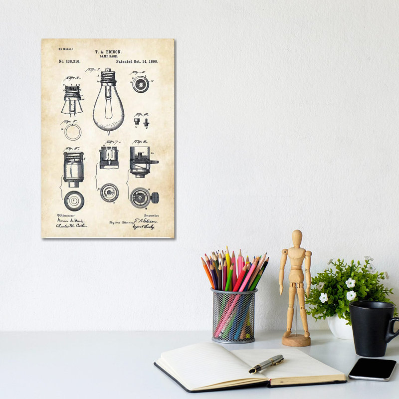 Thomas Edison Lamp by Patent77 - Wrapped Canvas Print, 20.32 cm H x 30.48 cm W