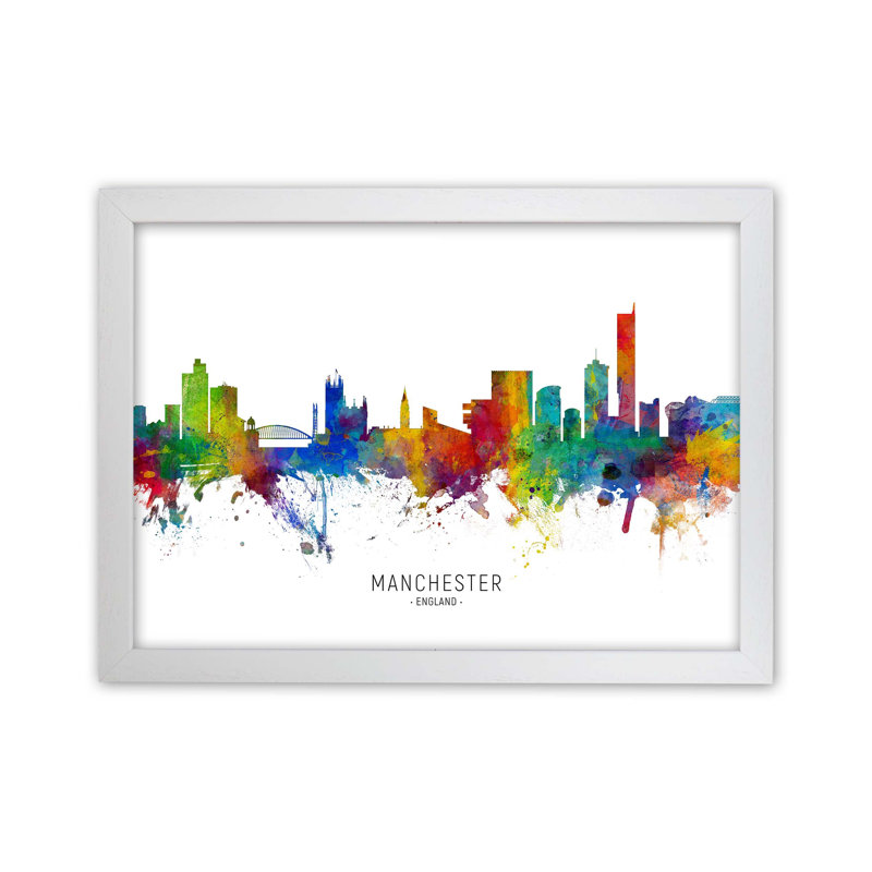 Manchester England Skyline by Michael Tompsett - Print, 34cm H x 46cm W x 3cm D, White Framed