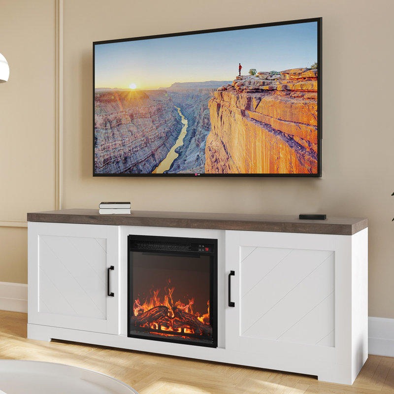 Blazice TV Stand to 65" with Electric Fireplace Included, Brown/White