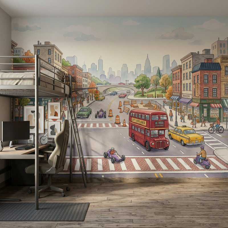 Papier peint Street Intersection Cityscape, 100 po x 96 po, Peler et coller