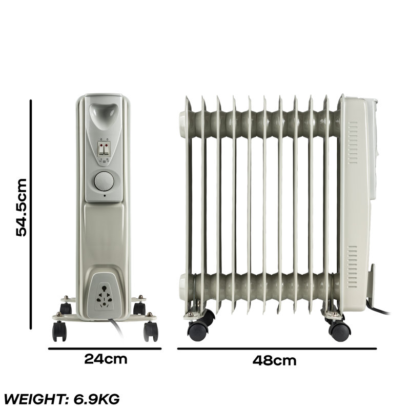 Daewoo 11 Fin Oil Filled Radiator 2500W Portable Heater With Energy Saving Thermostat For Large Rooms White