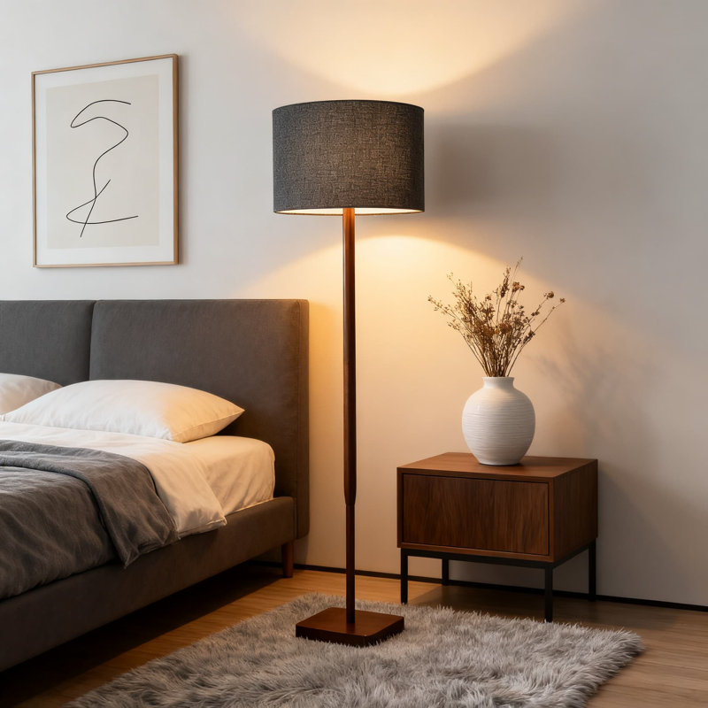 Lampe sur pied de 58,5 pouces avec base en noyer et abat-jour en tissu gris, luminosité réglable à 3 voies pour la chambre à coucher, le salon et l'éclairage de bureau