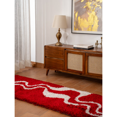Tapis à poil long en polyester touffeté à la main - Tapis de couloir | Rouge / blanc | Design contemporain, tapis antidérapants épais faits à la main pour salon, chambre à coucher
