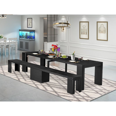 2-Piece kitchen table set includes a wire brushed black breakfast table and an antique white wooden bench