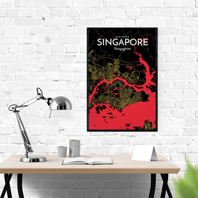 Carte de la ville de Singapour, impression, Noir / rouge / jaune, H 36 po x l 24 po