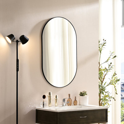 Miroir ovale en métal noir 40 po x 30 po pour la salle de bain et le salon, verre flotté haute définition, cadre rouillé, style luxueux, décoration murale simple en aluminium 40 x 30 po, bordure minimaliste, facile à