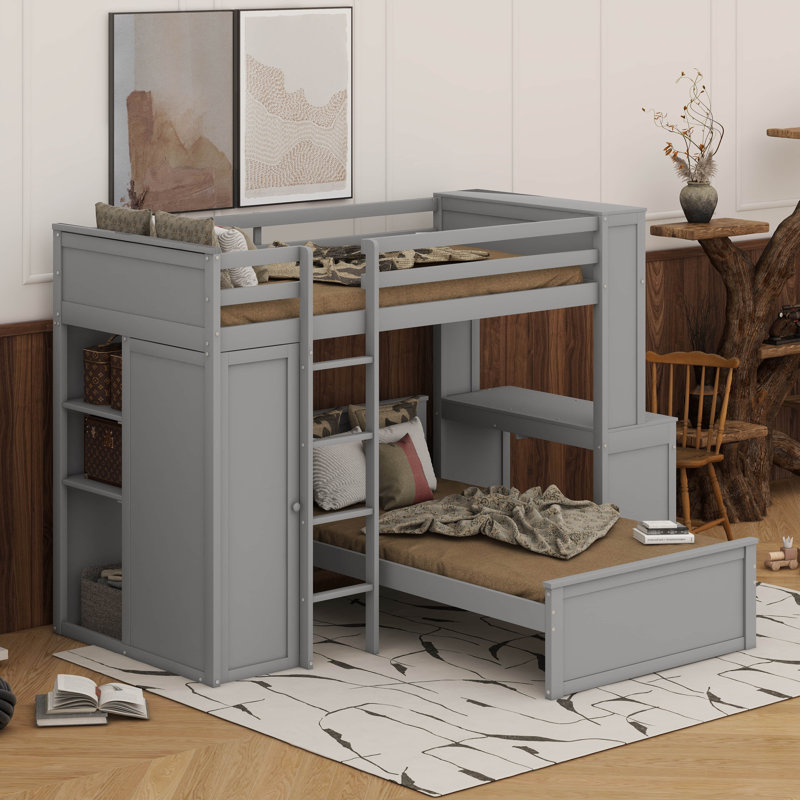 Lit mezzanine simple avec tablettes, bureau et garde-robe, Gris
