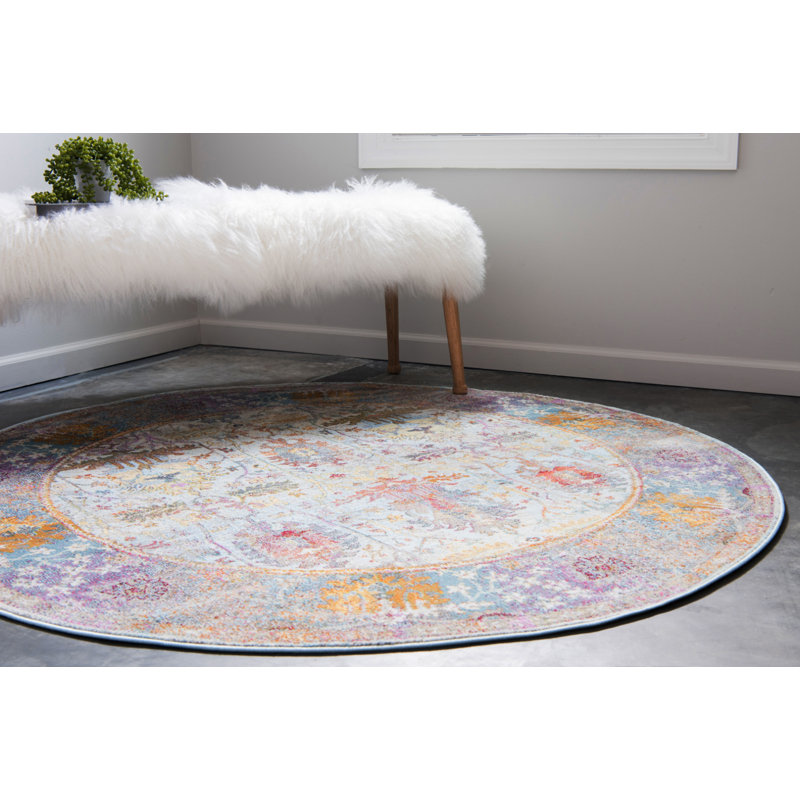 Tapis à motif oriental bleu clair Folmar, Rond 5 pi 5 po