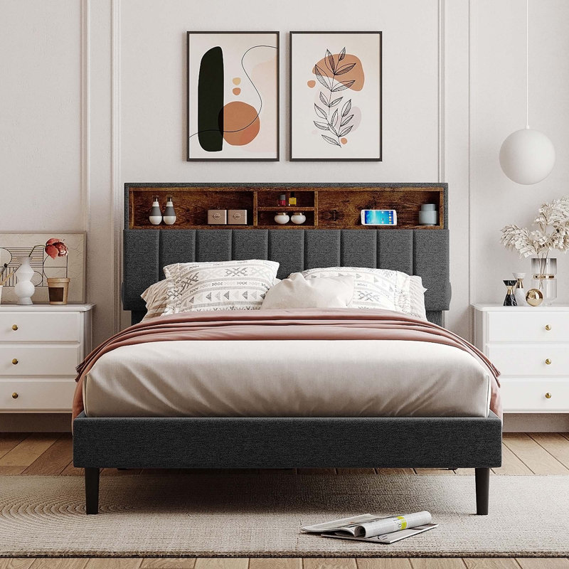 Isenberg Vella Upholstered Bookcase Platform Bed, Gray, Full