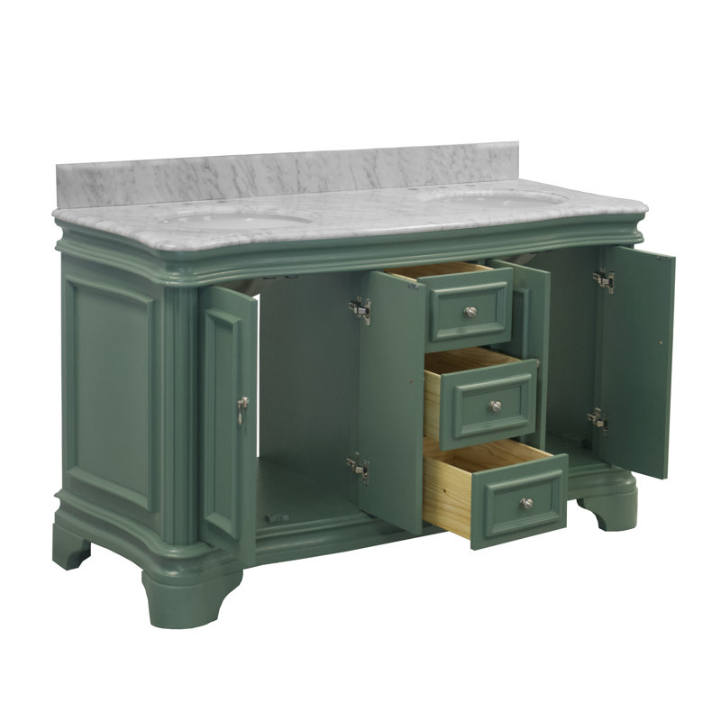Ensemble de meuble-lavabo double 60 "avec comptoir vert sauge et comptoir en marbre de Carrare Katherine, Marbre de Carrare