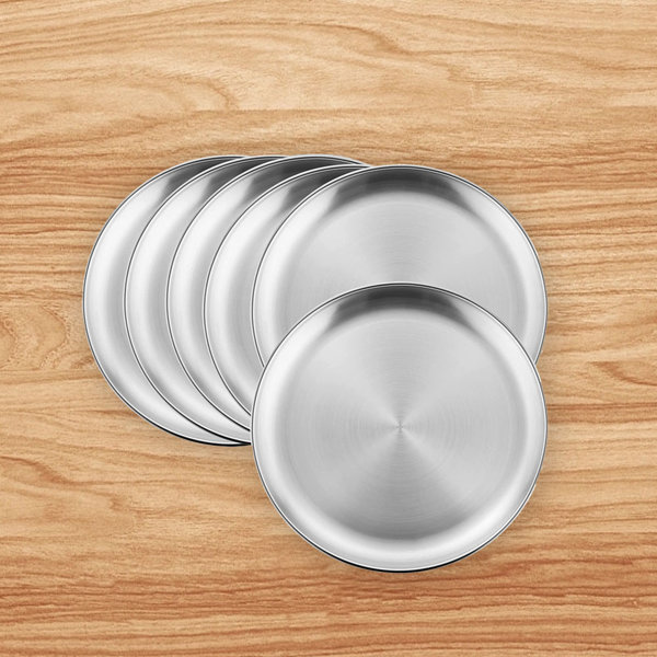 Stainless Steel Plates 2 Set Round Dinner Dishes Metal Plates Great for  Picnic,Outdoor Camping Plate,Shatterproof