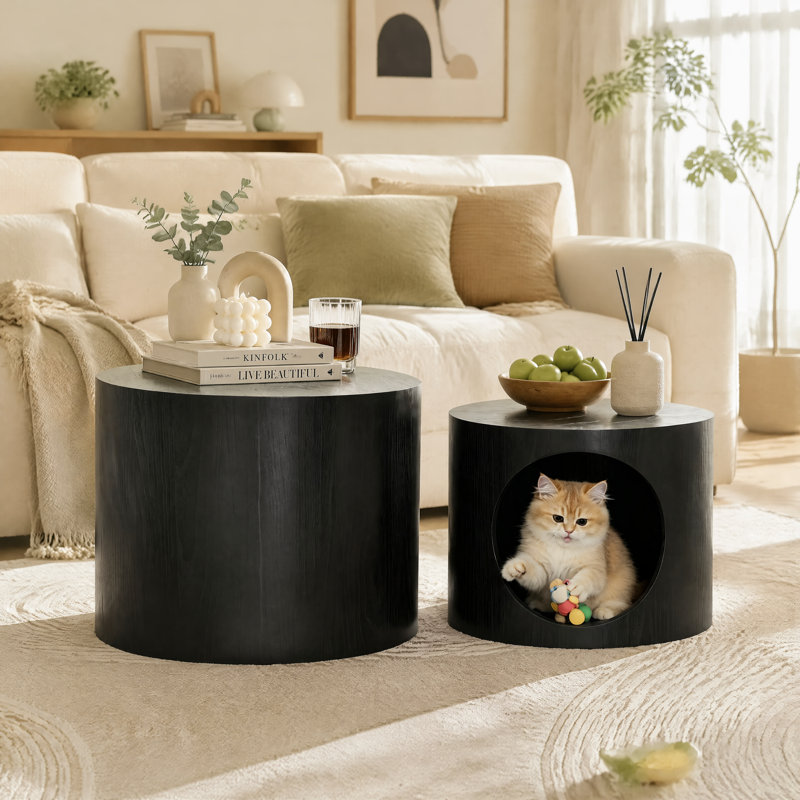 Ensemble de 2 tables basses rondes gigognes, tabouret gigogne, table d'appoint polyvalente pour le salon, sans assemblage