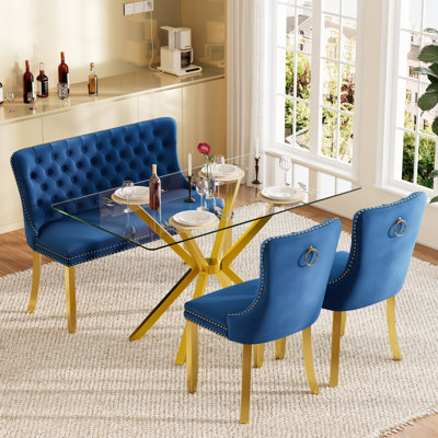 Ensemble de table de salle à manger rectangulaire pour 4-6 personnes avec banc, table de cuisine moderne en verre trempé et chaises avec fauteuil capitonné en velours pour la salle à manger, petit espace, appartement
