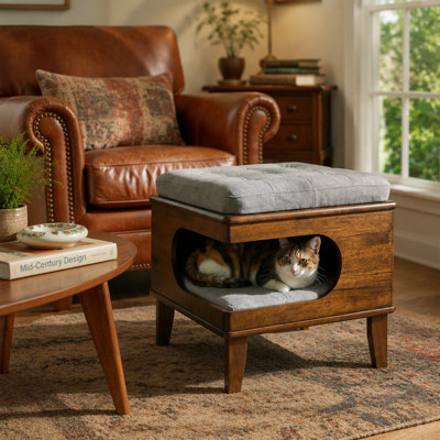Letitia Rubber Wood Cat Bed Ottoman, 2-in-1 Tufted Pet Ottoman with Cat Cave, Multi-Functional Footstool with Cat Hideaway
