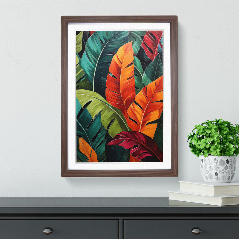 Tropical Leaf Hard Edge - Single Picture Frame Print on Wood, 46cm H x 34cm W, Walnut Framed