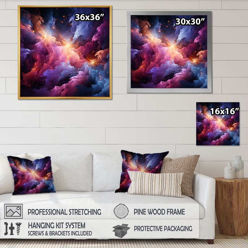 Rêves interstellaires abstraits or mauve - impression, H 24 po x l 24 po x P 1 po, Cadre flottant doré