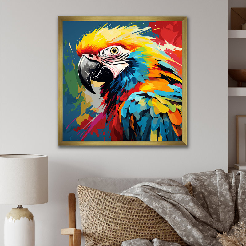 Pop Art perroquet Ara Portrait - art mural perroquet, H 36 po x l 36 po x P 1,5 po, Encadrement doré